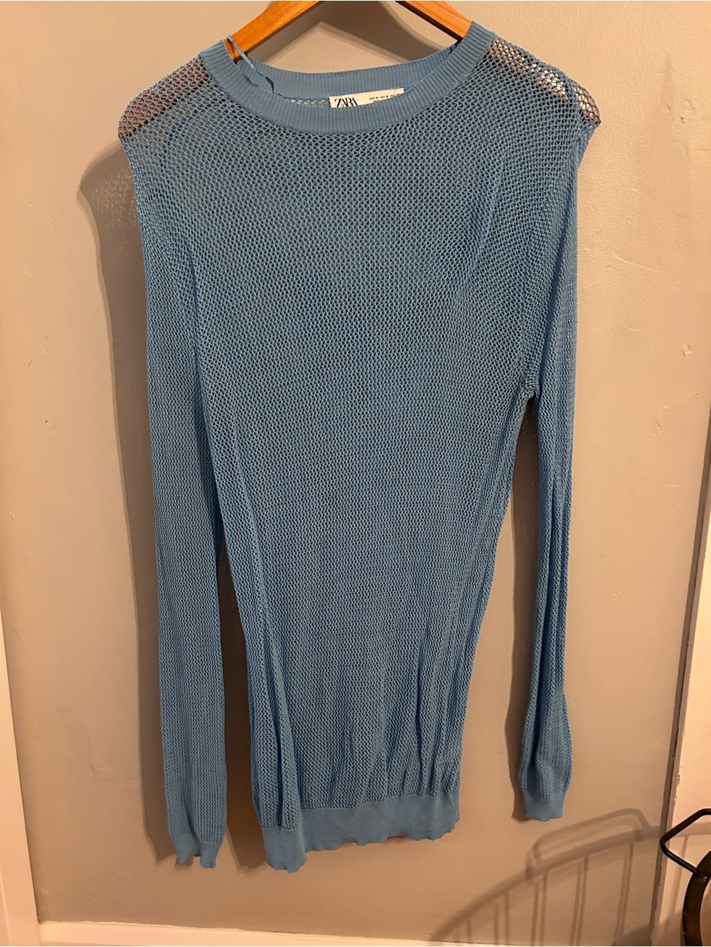 Zara Sky Blue Open-Weave Crew Neck Sweater
